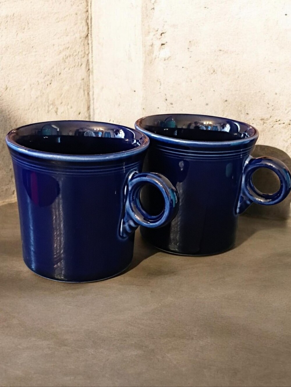HLC Fiesta Ware Jerry O Rings Coffee Tea Mug Cup Glass Ceramic Cobalt Blue Set 2